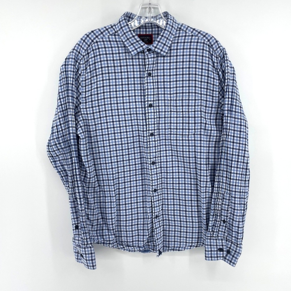 🚀 UNTUCKIT Mens Blue‎ Checkered Button Down Shirt Large Slim Fit Cotton Casual